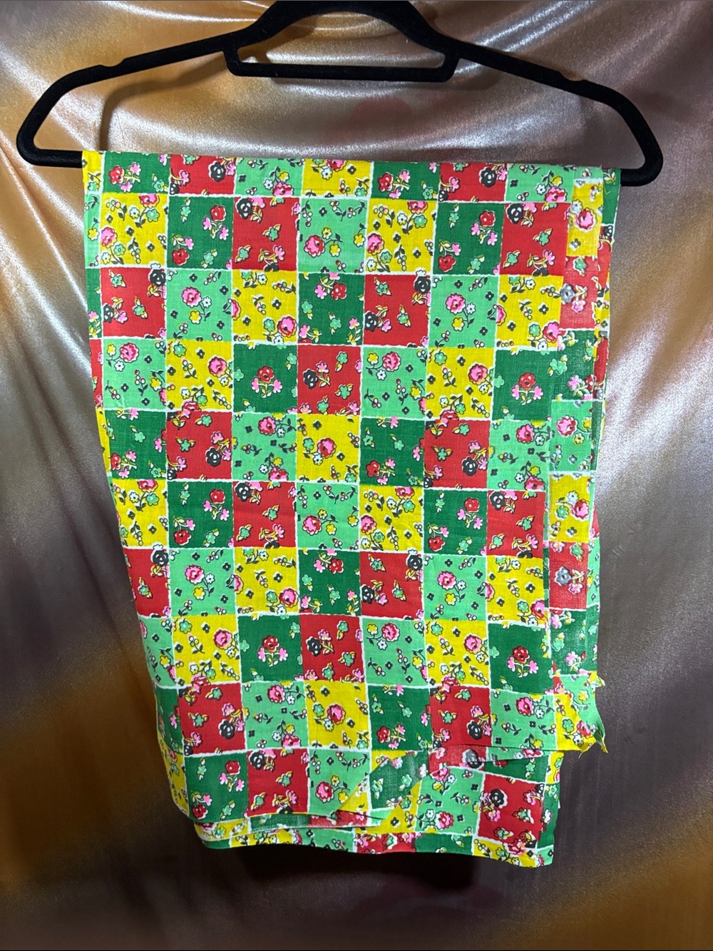 Vintage 2 pieces sewn together Floral Patchwork Green, Red & Yellow. F2